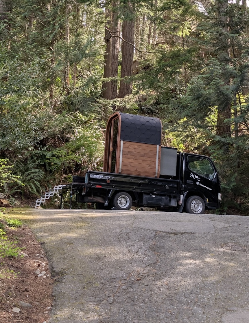Mobile sauna truck at dusk