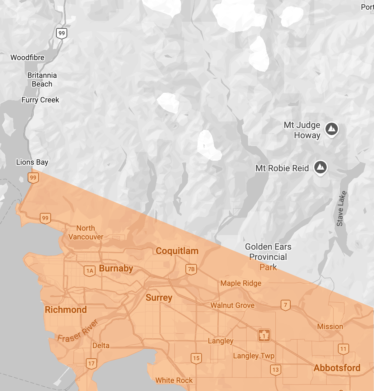 Timberheat service area map showing the Lower Mainland of BC